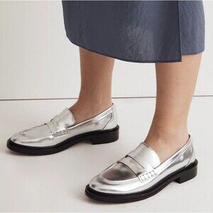 MADEWELL The Vernon Penny Loafer Womens Size 6.5 Silver Mirror Specchio Leather